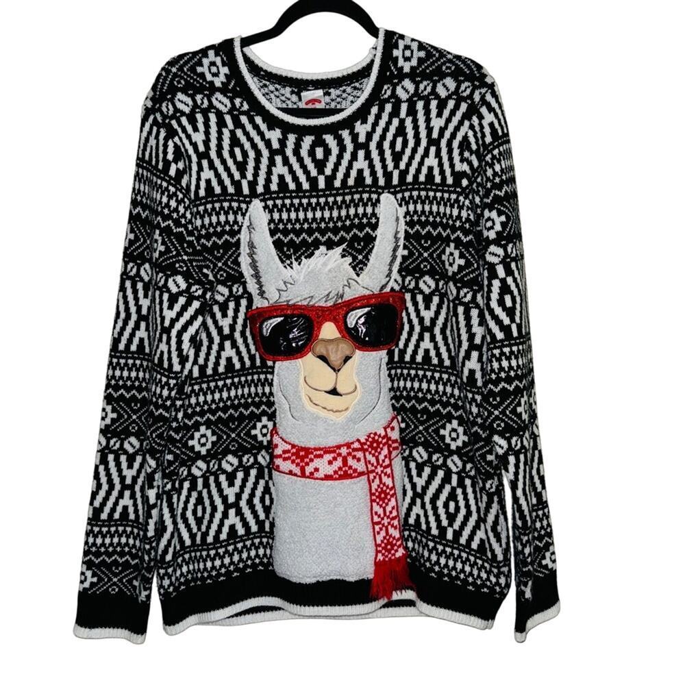Holiday Time Llama Sunglasses Ugly Christmas Sweater Fair Isle Black White L